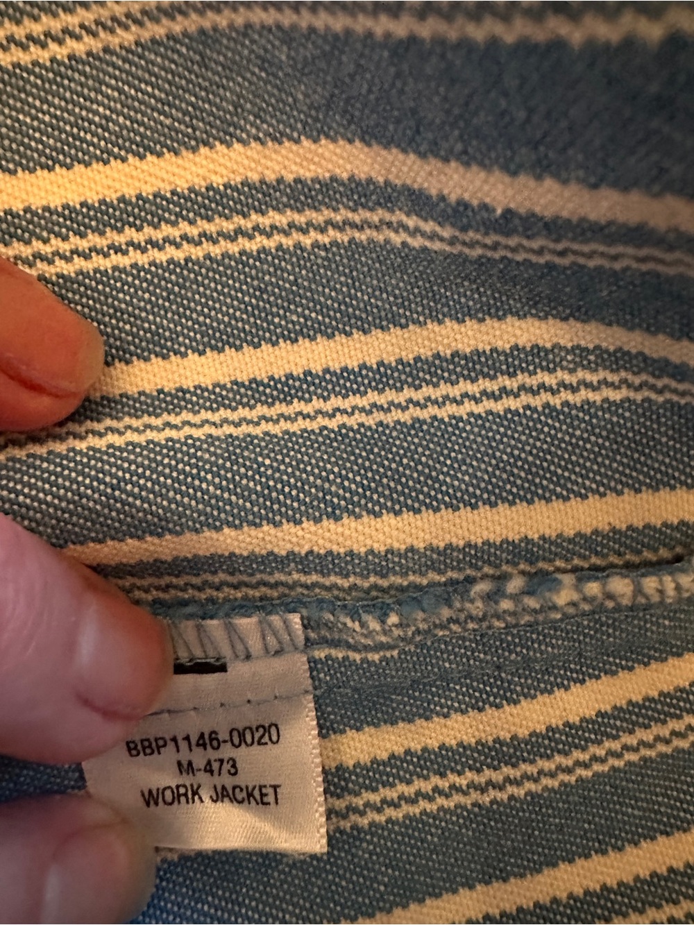 Big Bud Stripe Button-Up Chore Jacket in Blue and White with Orange Buttons - Picture 5 of 9